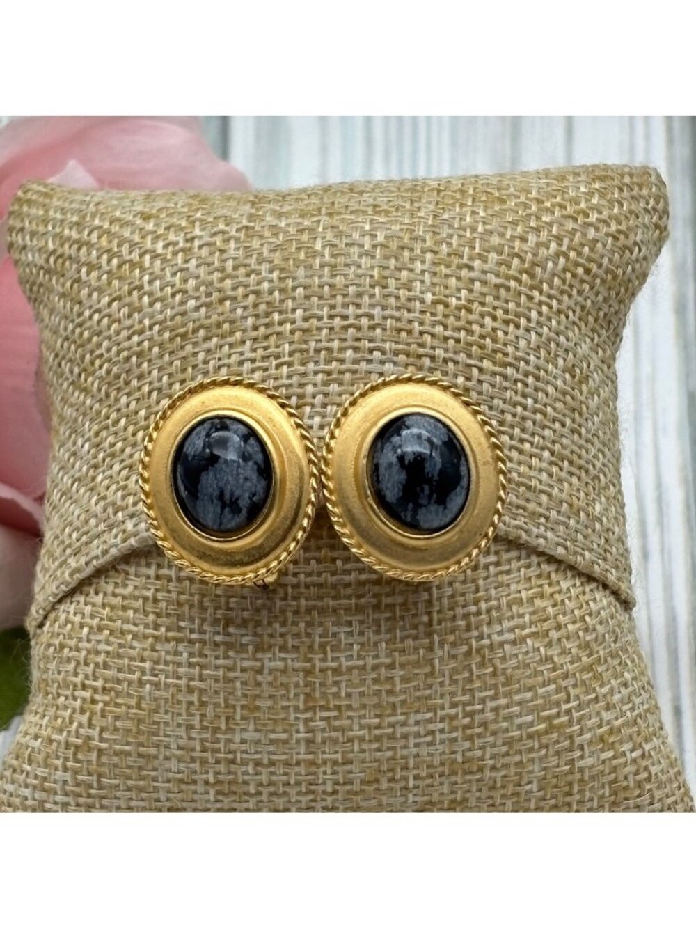 Classic Gold Tone & Black Marbled Rope Trim Clip On Button Earrings Signed SJ